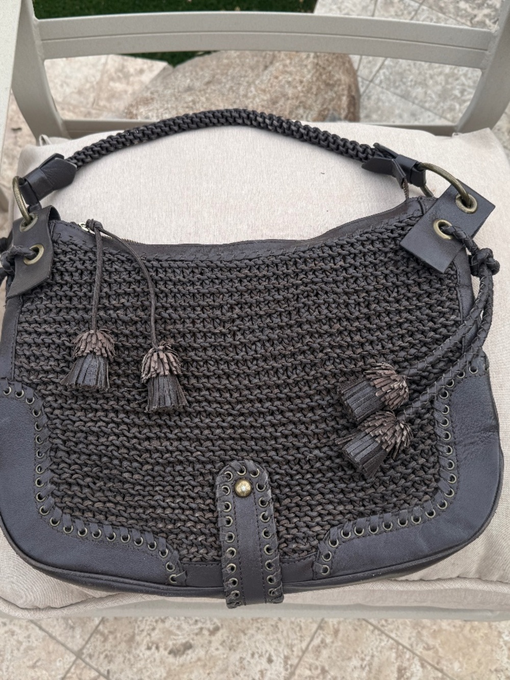 ISABELLA FIORE LARGE BROWN WOVEN LEATHER SHOULDER PURSE BAG